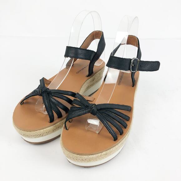 Lucky Brand Womens Juniffer Sandals 7 Black Leather Espadrille Wedge - Picture 4 of 10